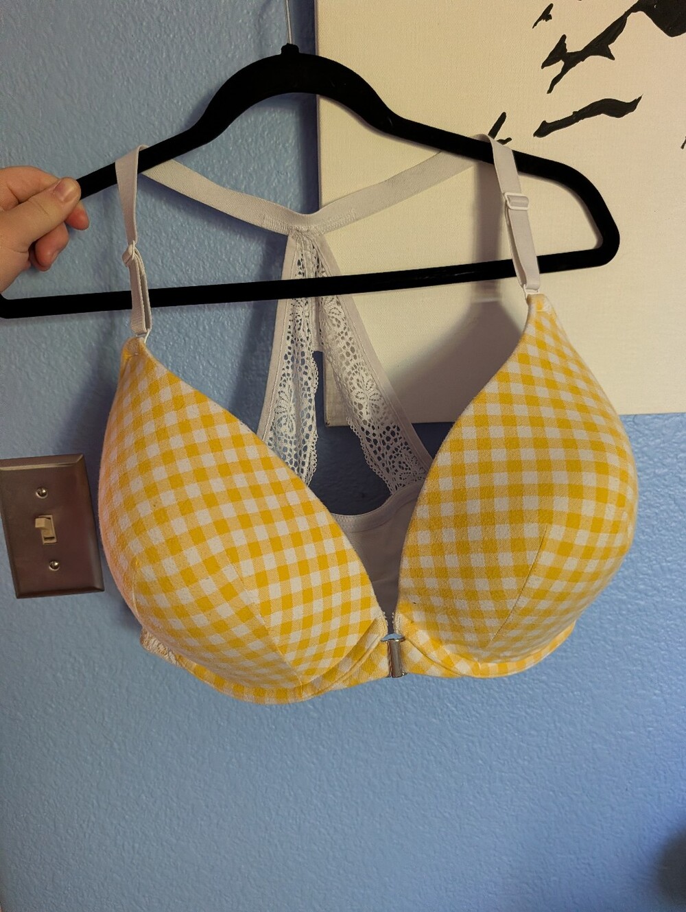 Lane Bryant Cacique Bra 42F EUC Plunge Front Hook  Yellow Plaid Lace Racerback